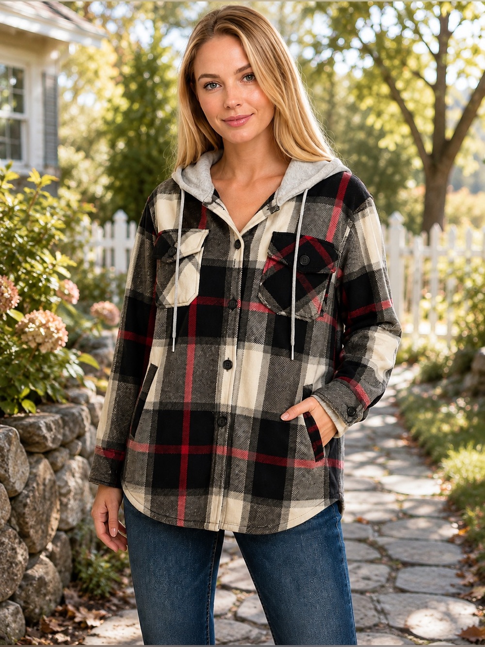 Zenana BLACK PLAID DRAWSTRING HOODED FLEECE SHACKET NWT